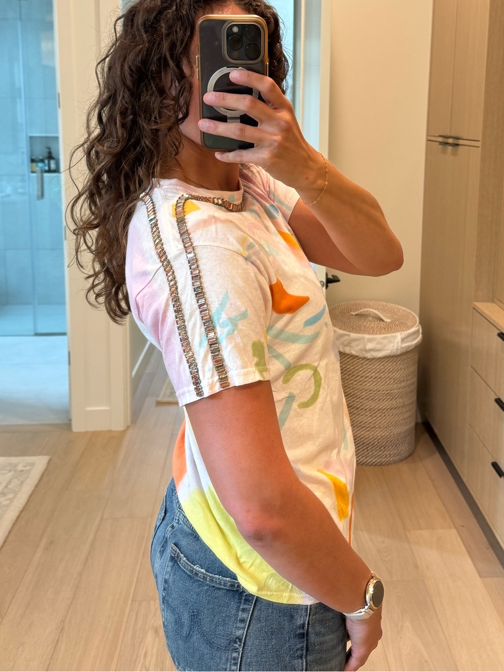 Collina Strada Abstract Print Tee with Beaded Shoulder Trim